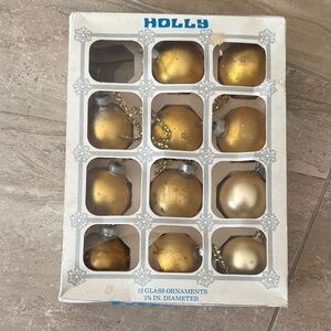 Box of 11 vintage Gold Glass Ornaments Set